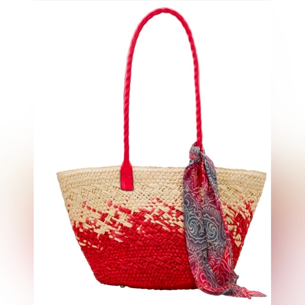 Patricia Nash Calypso Woven Straw/Leather Tote W/Scarf: Passion/Natural - Picture 3 of 11